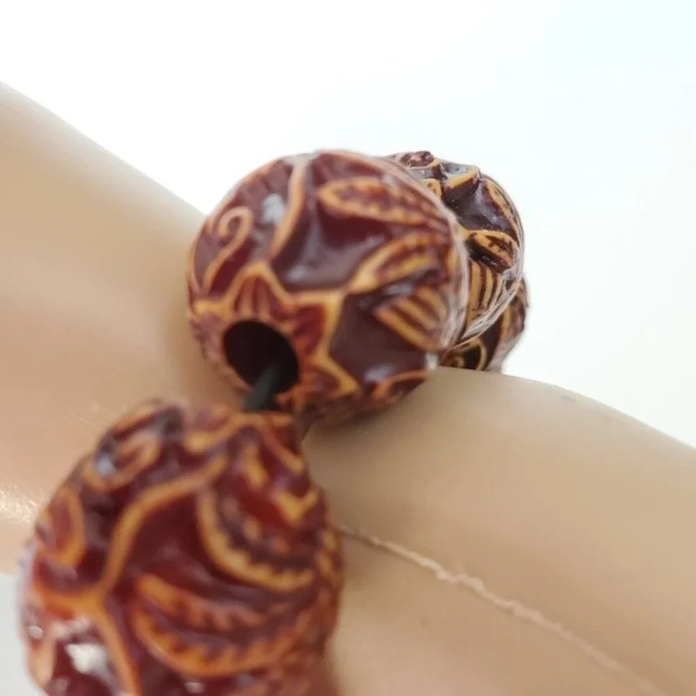 Simulated Wood carved brown stretch  beaded bracelet  7 inch Tribal Halloween *